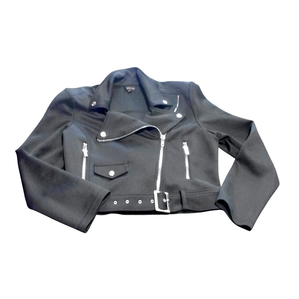 Haute Fox Womens Black Scuba Moto Biker Jacket Asymmetrical ZipBelted Cropped 1X